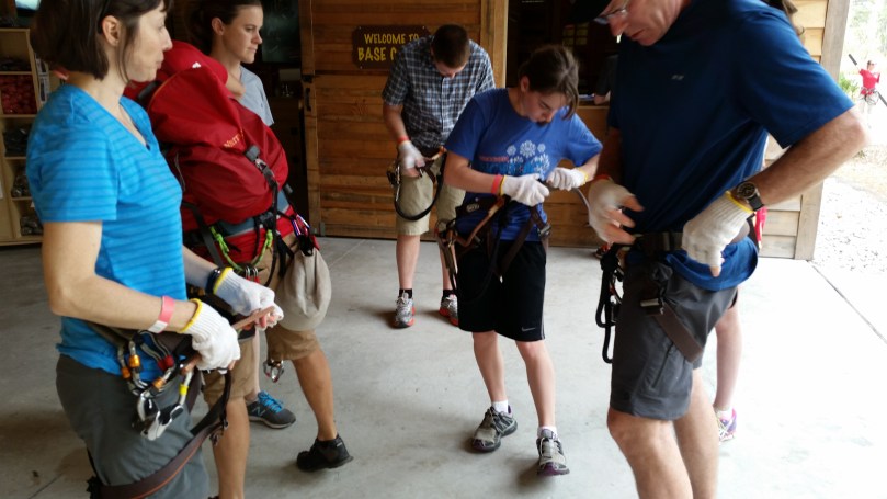 Gearing up for hanging from high places.