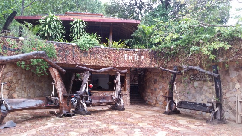 the lower entrance to Veranda gives just a hint of the beautiful stone and wood inside.