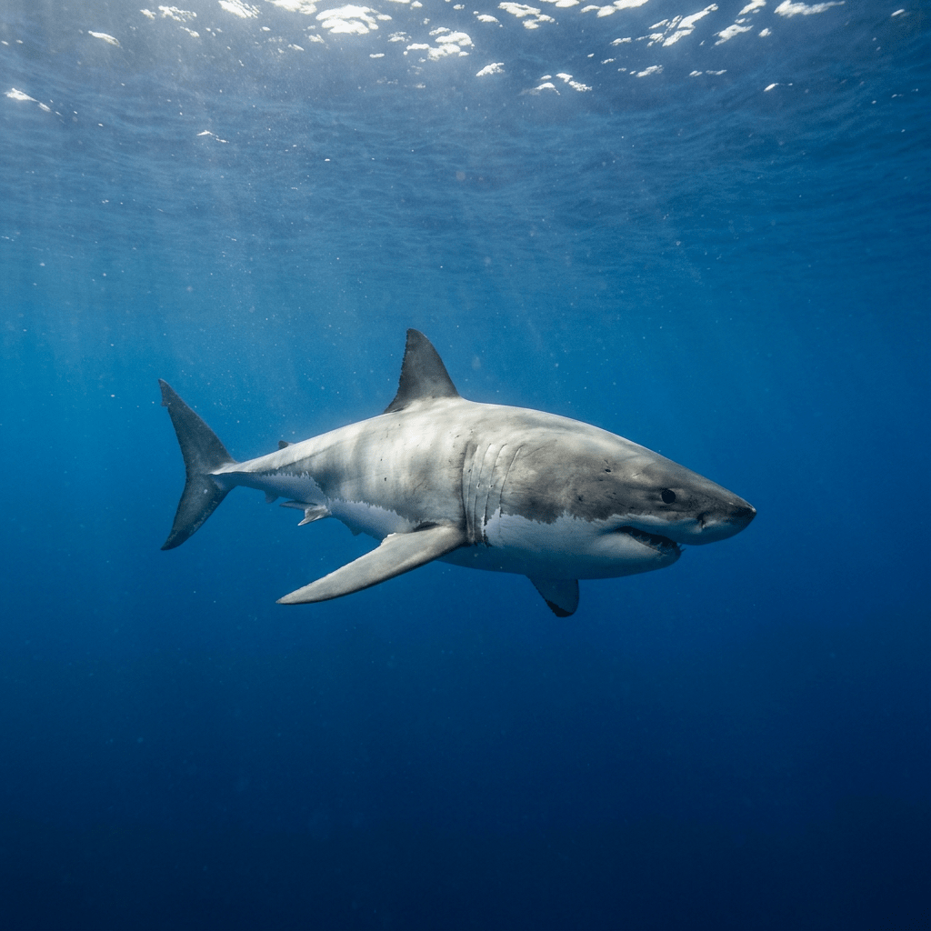Great white shark swimming underwater in deep blue ocean